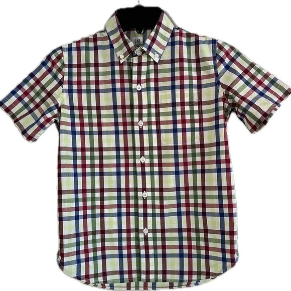 GAP Kids Poplin SS Button-Up Shirt, Multicolor Gingham Red/Yellow/Blue - Picture 1 of 7